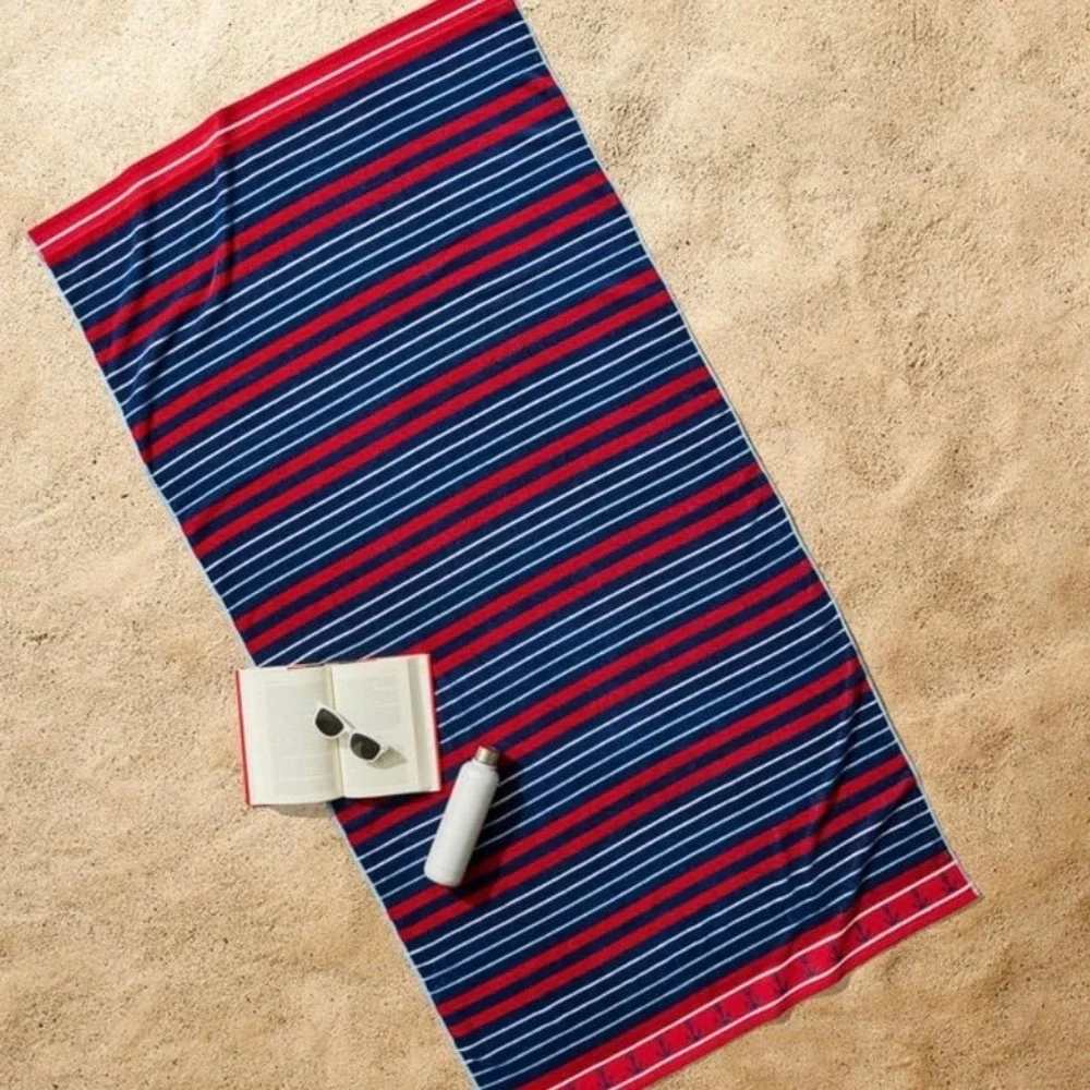 BHG 2PC Navy Clarence Stripe Anchor Beach Towels 6x3 Oversized Soft Vacation red